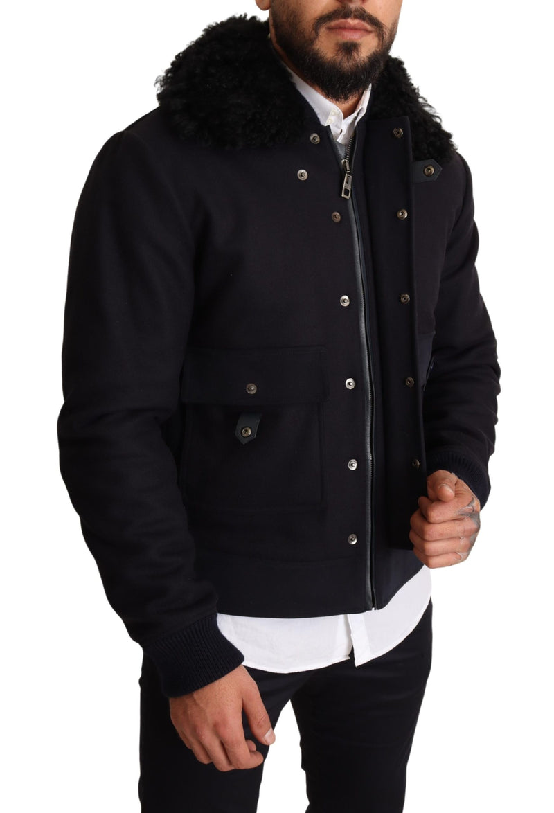 Blue Wool Pilot Black Shearling Jacket