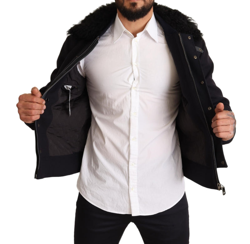 Blue Wool Pilot Black Shearling Jacket