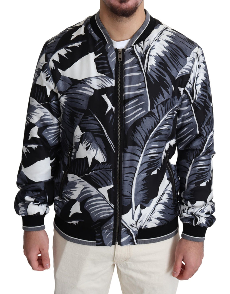 Black Silk Banana Leaf Print Bomber Jacket