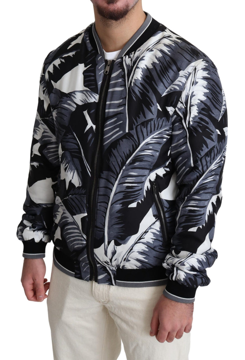 Black Silk Banana Leaf Print Bomber Jacket