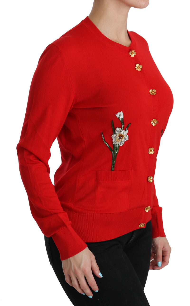 Red Wool Crystal Floral Cardigan Sweater