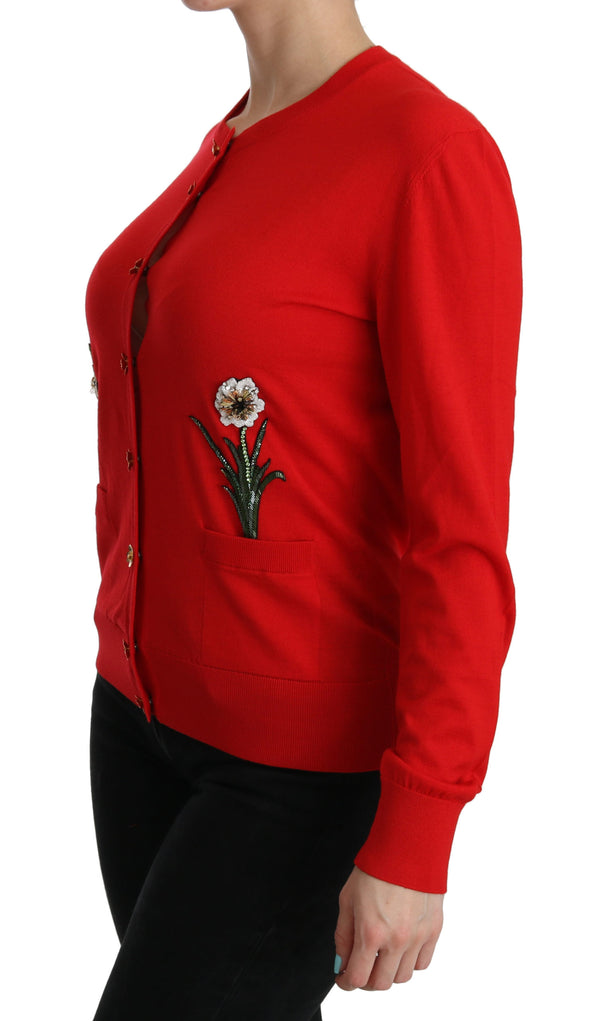 Red Wool Crystal Floral Cardigan Sweater