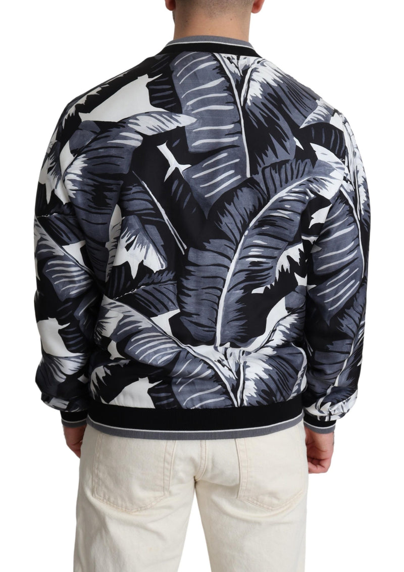 Black Silk Banana Leaf Print Bomber Jacket
