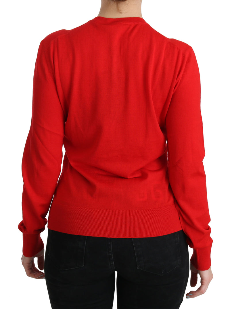 Red Wool Crystal Floral Cardigan Sweater