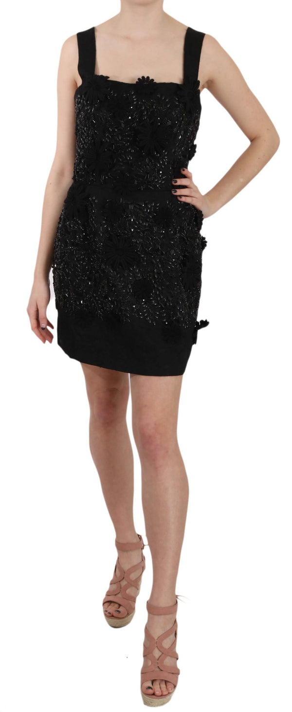 Black Floral Crystal Brocade Shift Dress