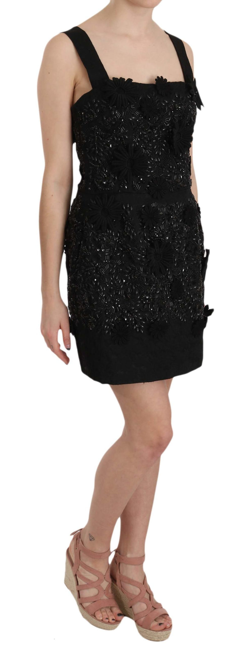 Black Floral Crystal Brocade Shift Dress