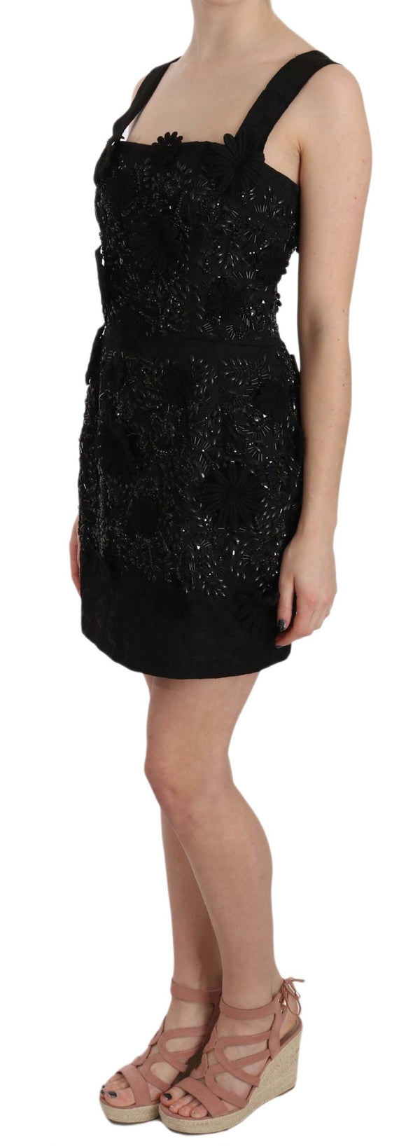 Black Floral Crystal Brocade Shift Dress