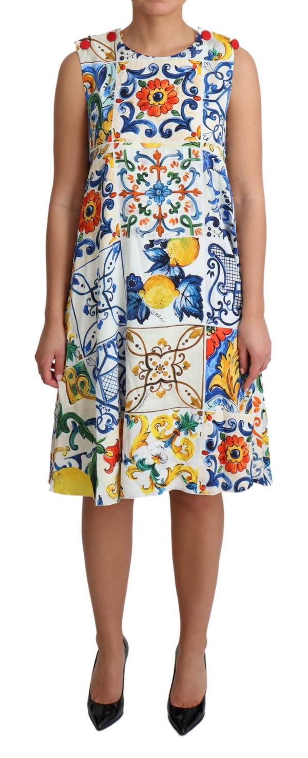 White Majolica Print Sleeveless  Dress