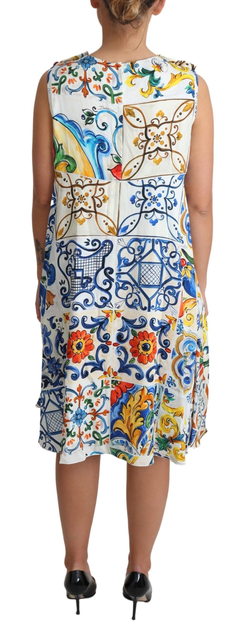 White Majolica Print Sleeveless  Dress