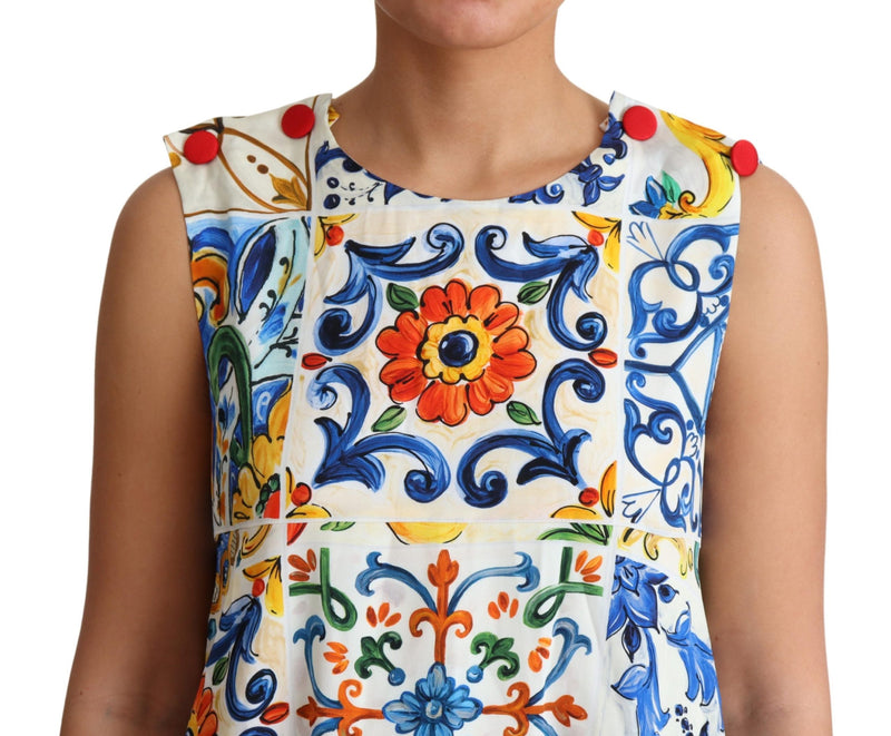 White Majolica Print Sleeveless  Dress