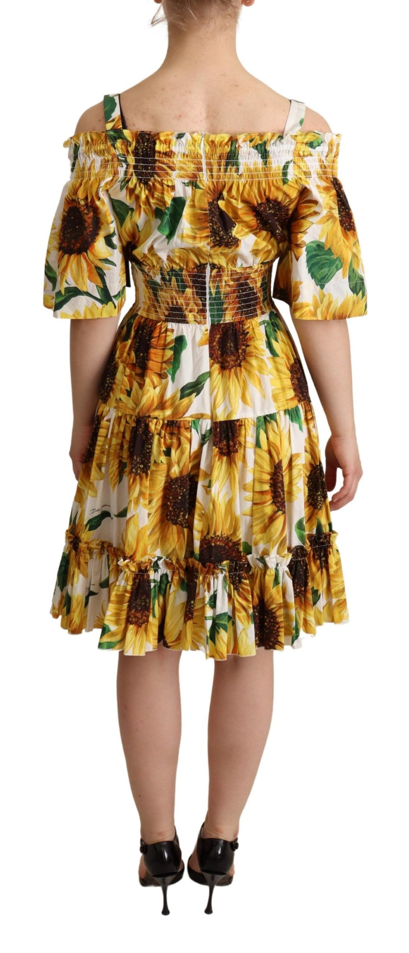 Yellow Sunflowers Print Open Shoulder Dress