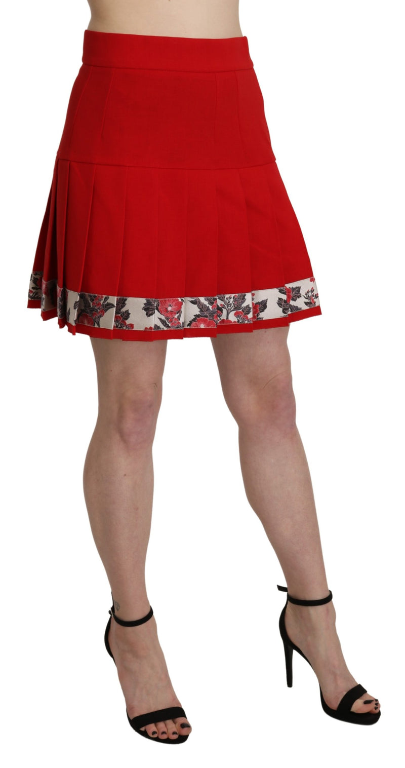 Red High Waist Wool Short Floral Print Skirt