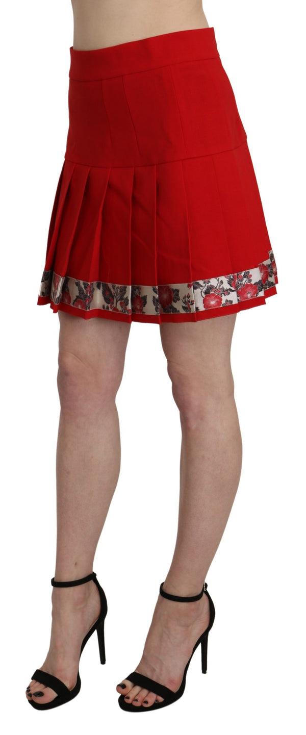 Red High Waist Wool Short Floral Print Skirt