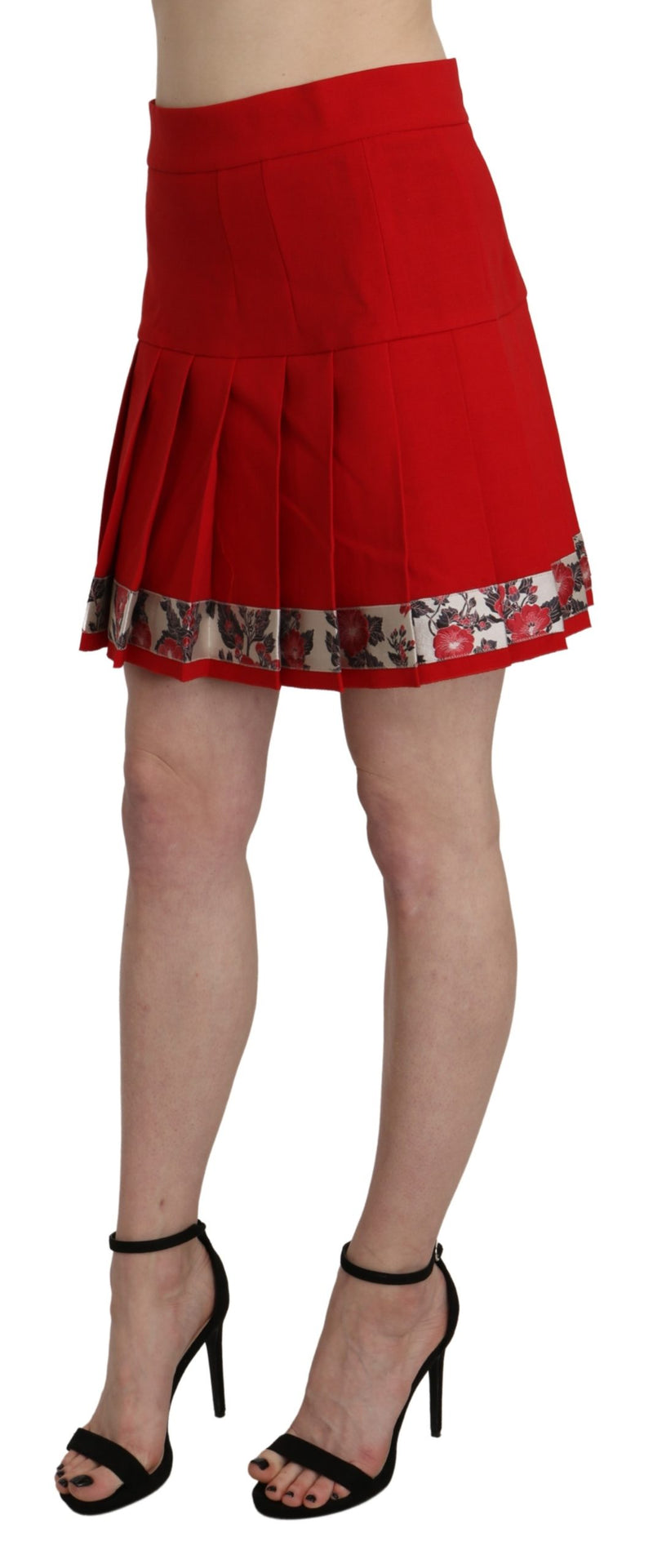 Red High Waist Wool Short Floral Print Skirt