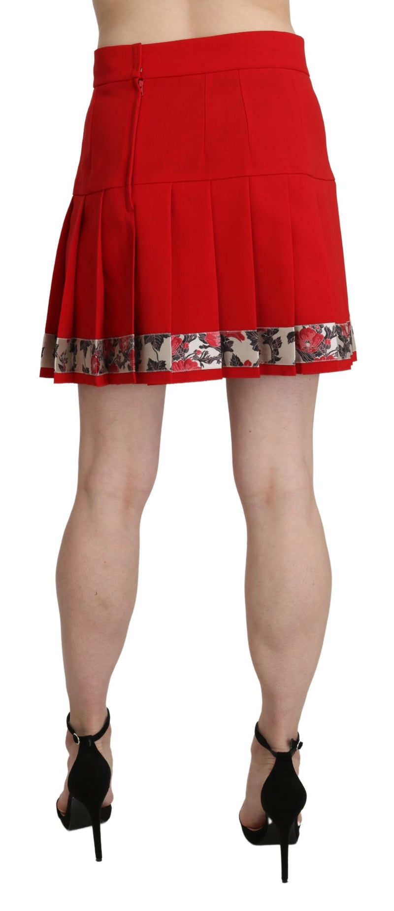 Red High Waist Wool Short Floral Print Skirt