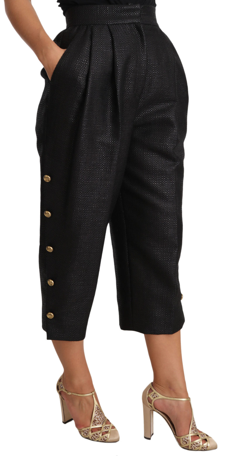 Black Side Buttons Cotton Cropped Pants