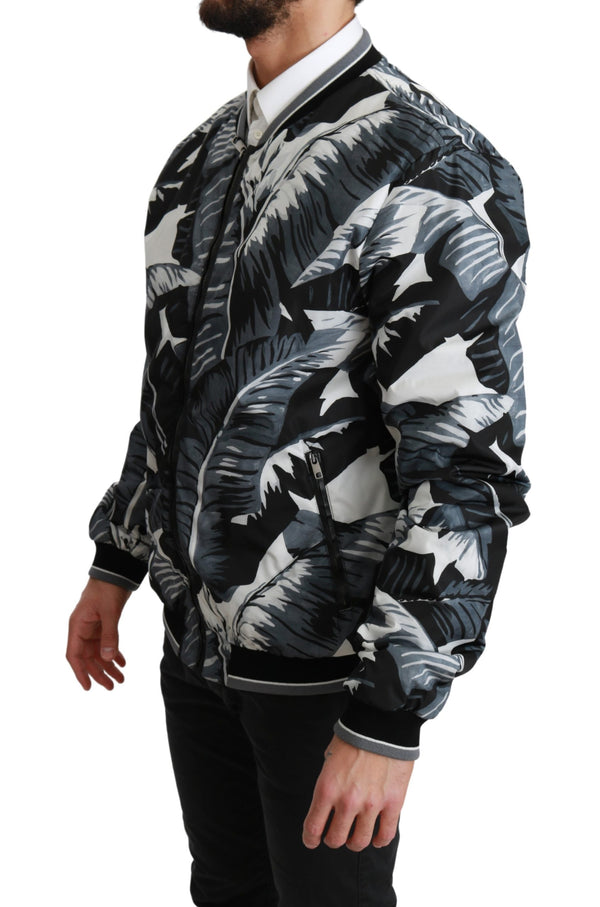 Black Banana Leaf Print Bomber Nylon Jacket