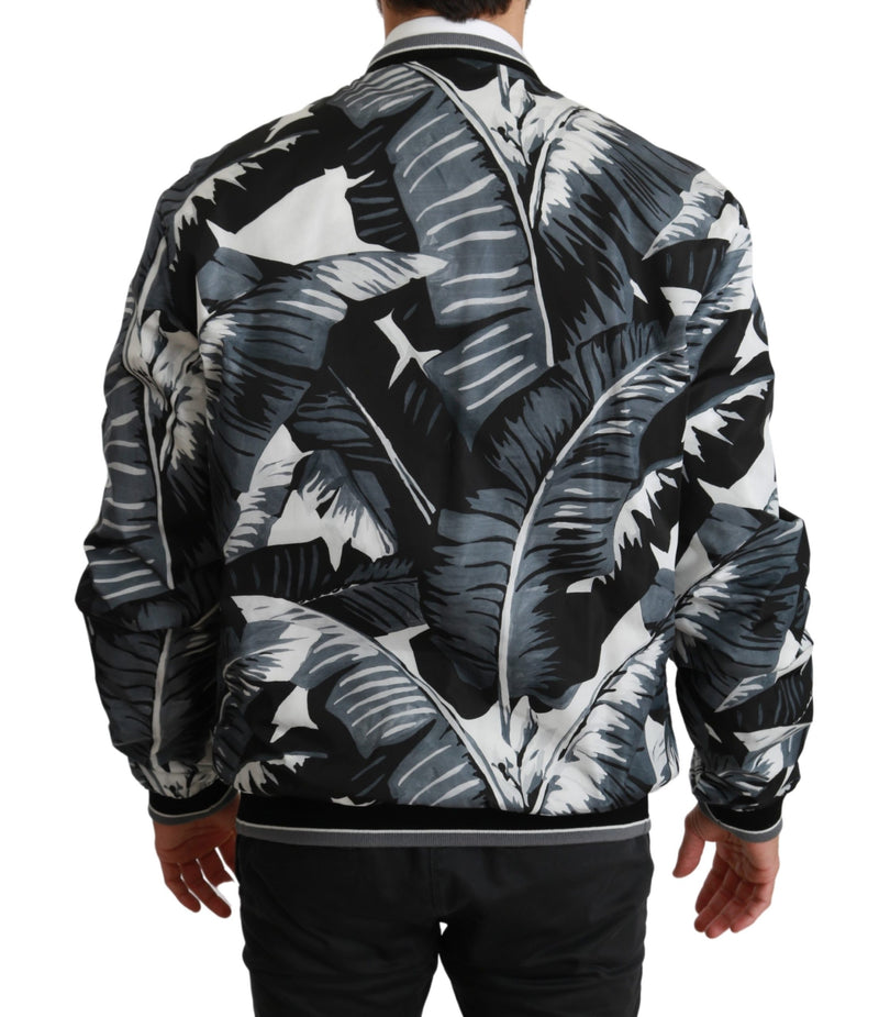 Black Banana Leaf Print Bomber Nylon Jacket