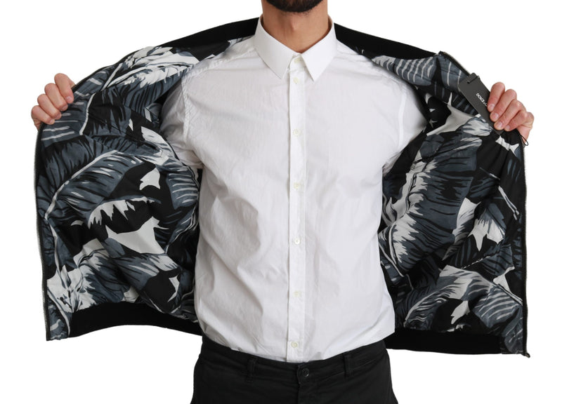 Black Banana Leaf Print Bomber Nylon Jacket
