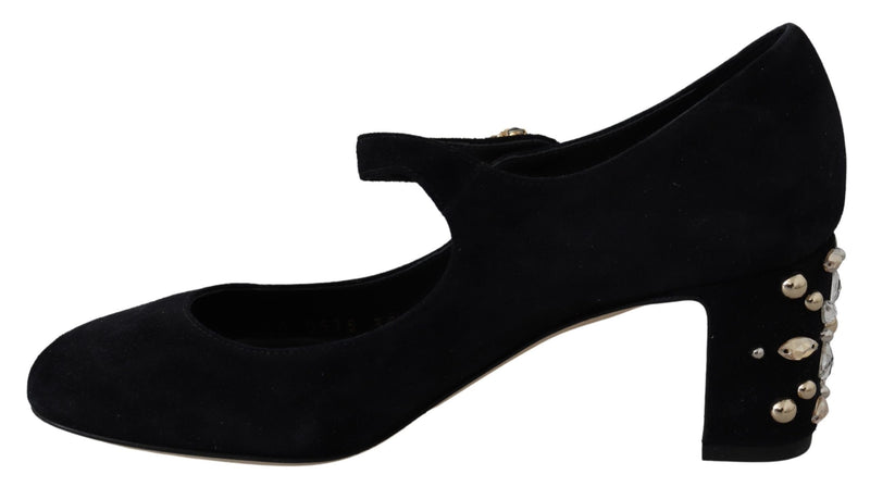 Black Suede Crystal Heels Mary Jane Shoes