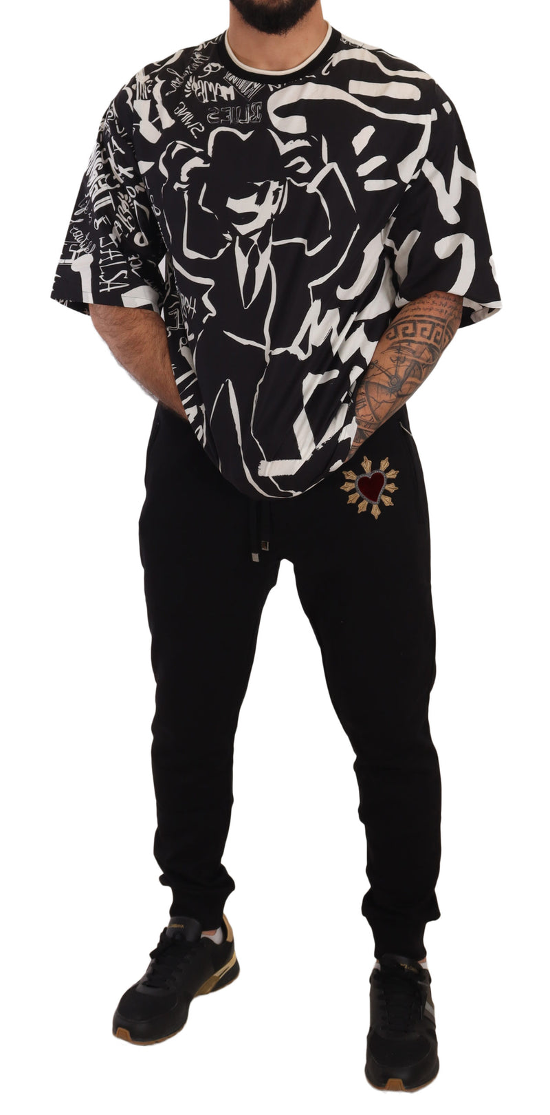 Black Cotton Red Heart Sweatpants