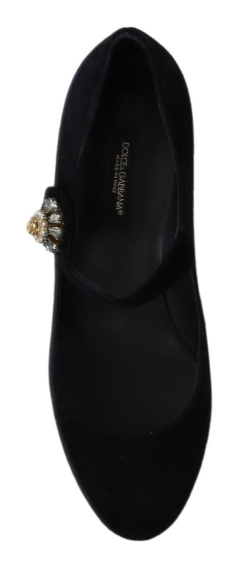 Black Suede Crystal Heels Mary Jane Shoes