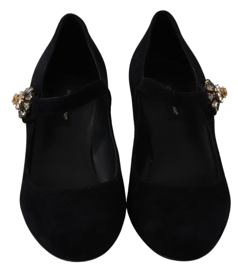 Black Suede Crystal Heels Mary Jane Shoes