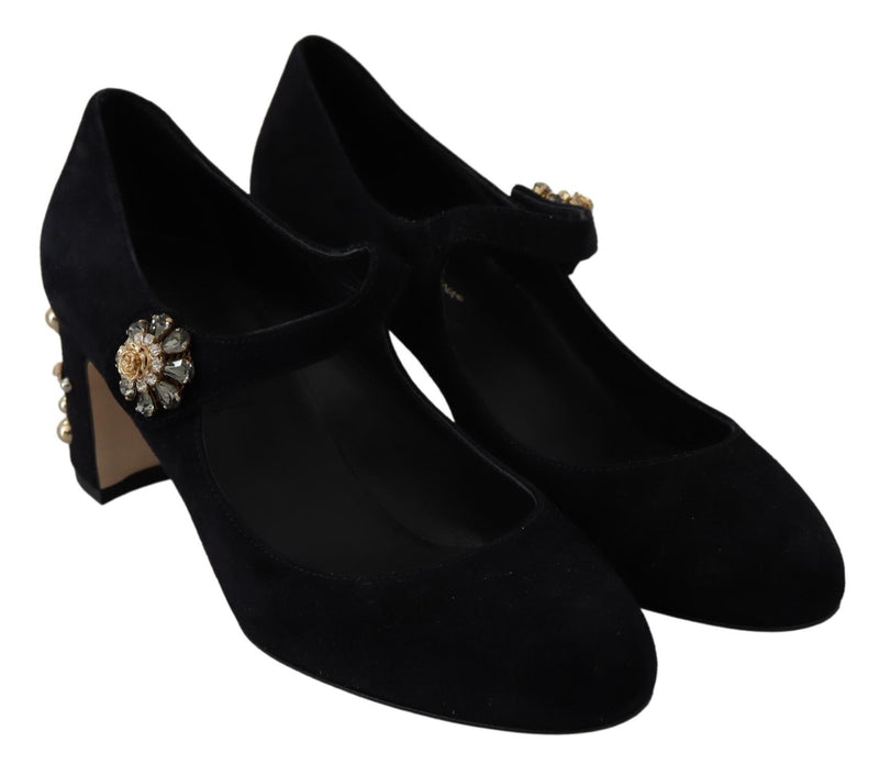 Black Suede Crystal Heels Mary Jane Shoes