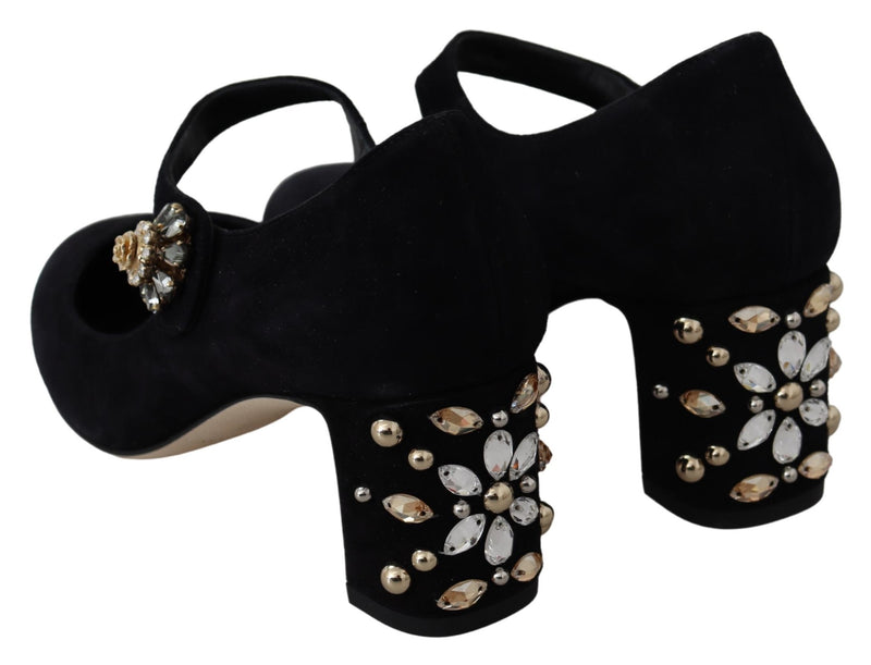 Black Suede Crystal Heels Mary Jane Shoes