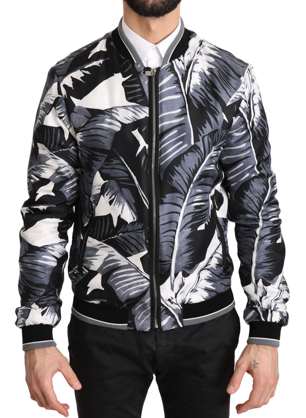 Silk Banana Leaf Print Bomber Jacket
