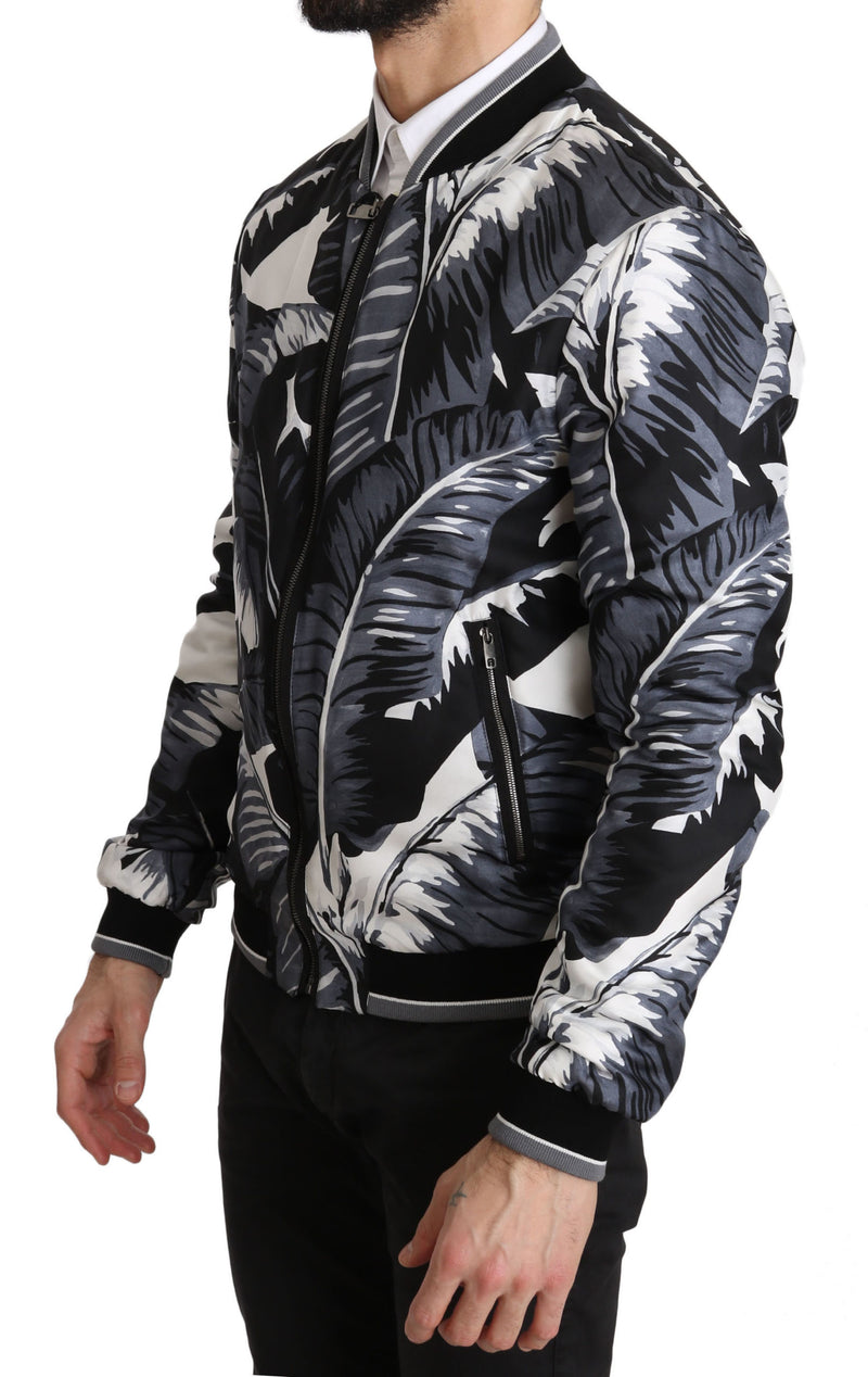 Silk Banana Leaf Print Bomber Jacket