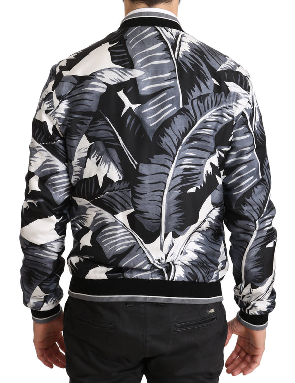 Silk Banana Leaf Print Bomber Jacket