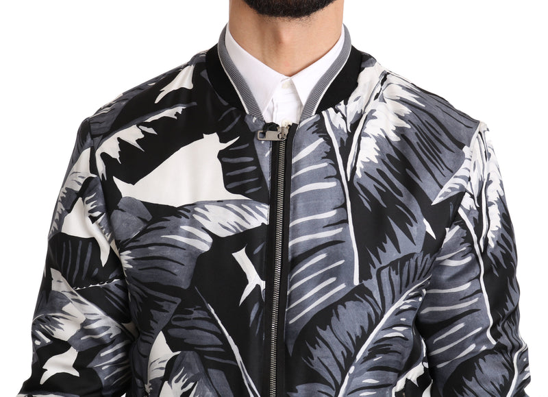 Silk Banana Leaf Print Bomber Jacket