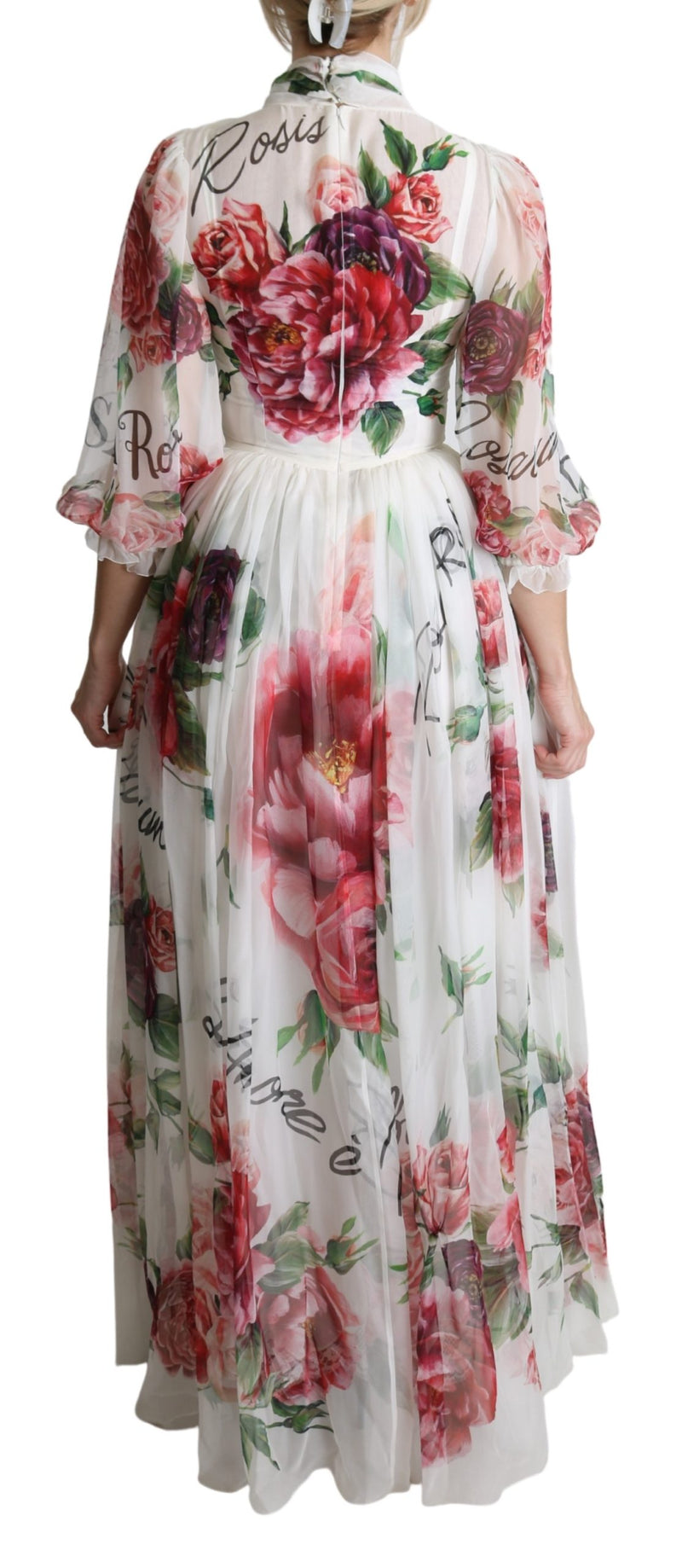 White Floral Rose Silk Print Floor Length Dress