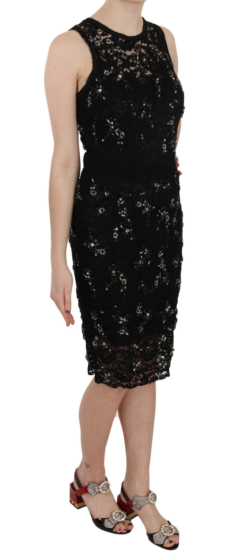 Black Floral Lace Crystal Sheath Dress