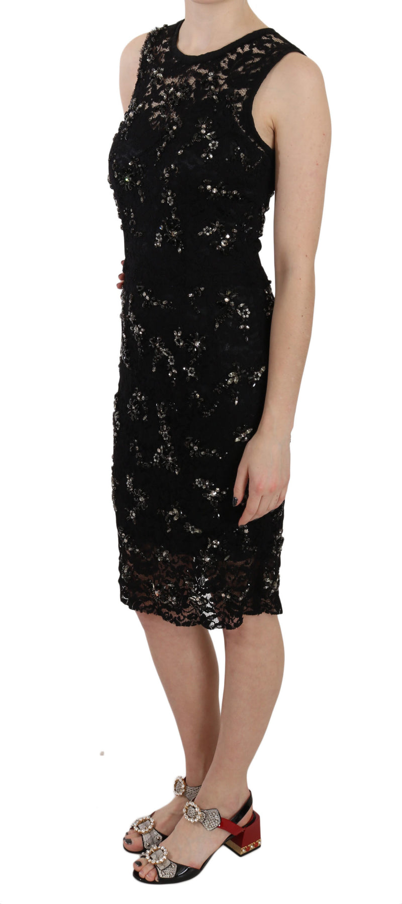 Black Floral Lace Crystal Sheath Dress