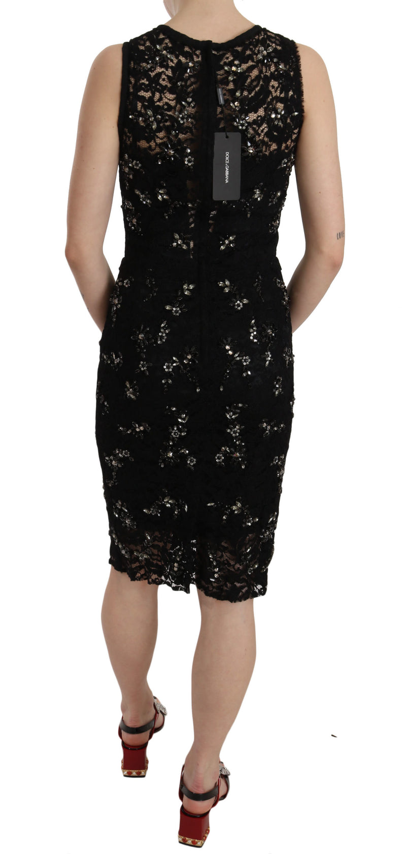 Black Floral Lace Crystal Sheath Dress