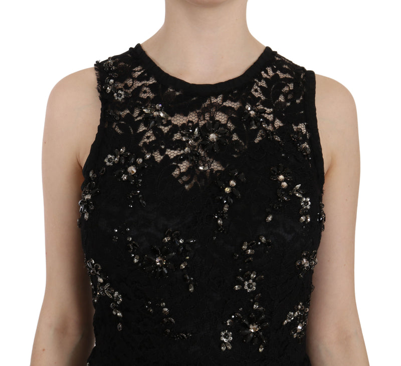 Black Floral Lace Crystal Sheath Dress