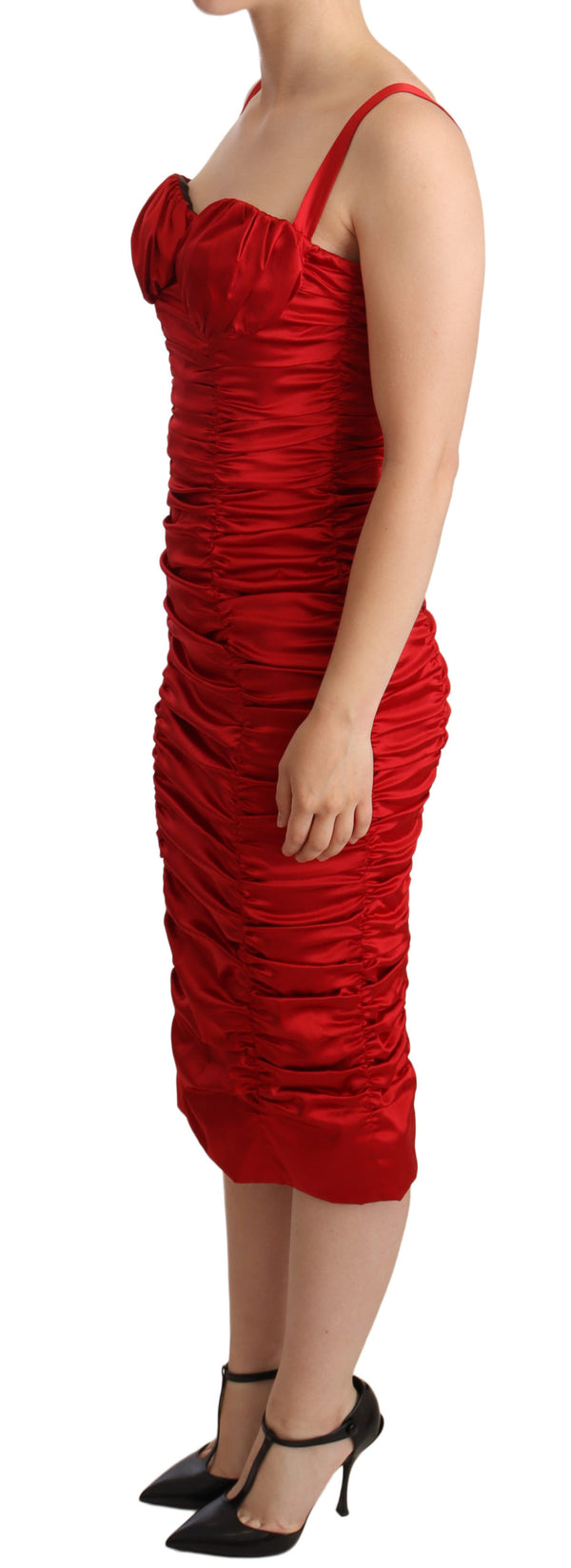 Red Ruched Silk Blend Satin Midi Dress