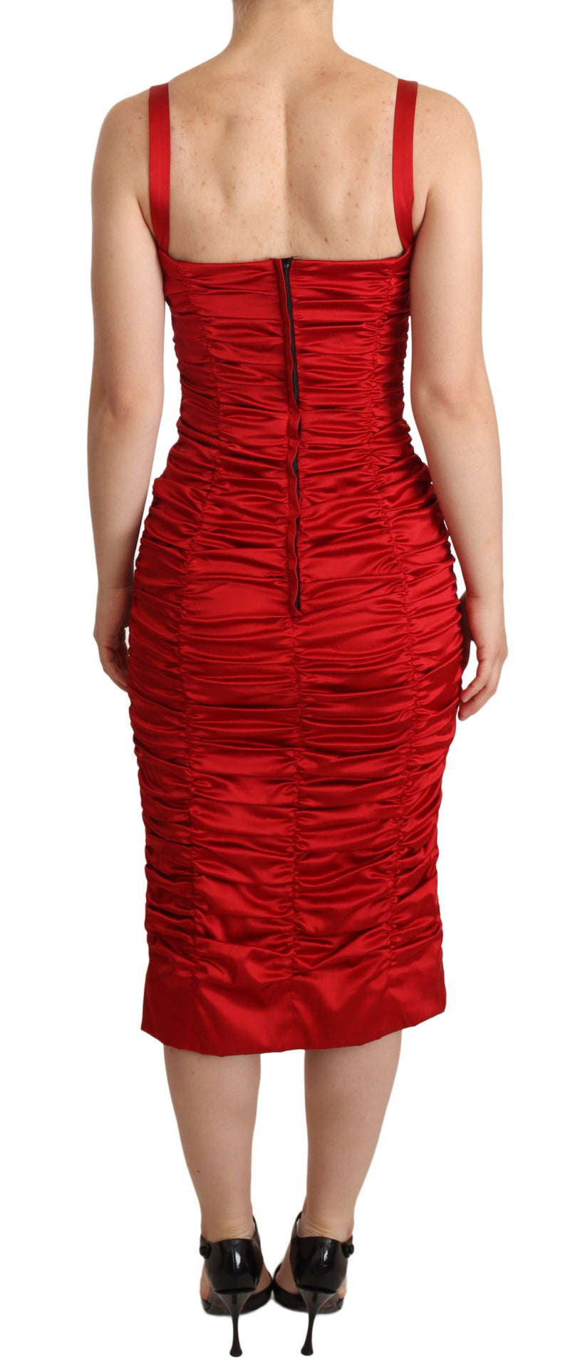 Red Ruched Silk Blend Satin Midi Dress