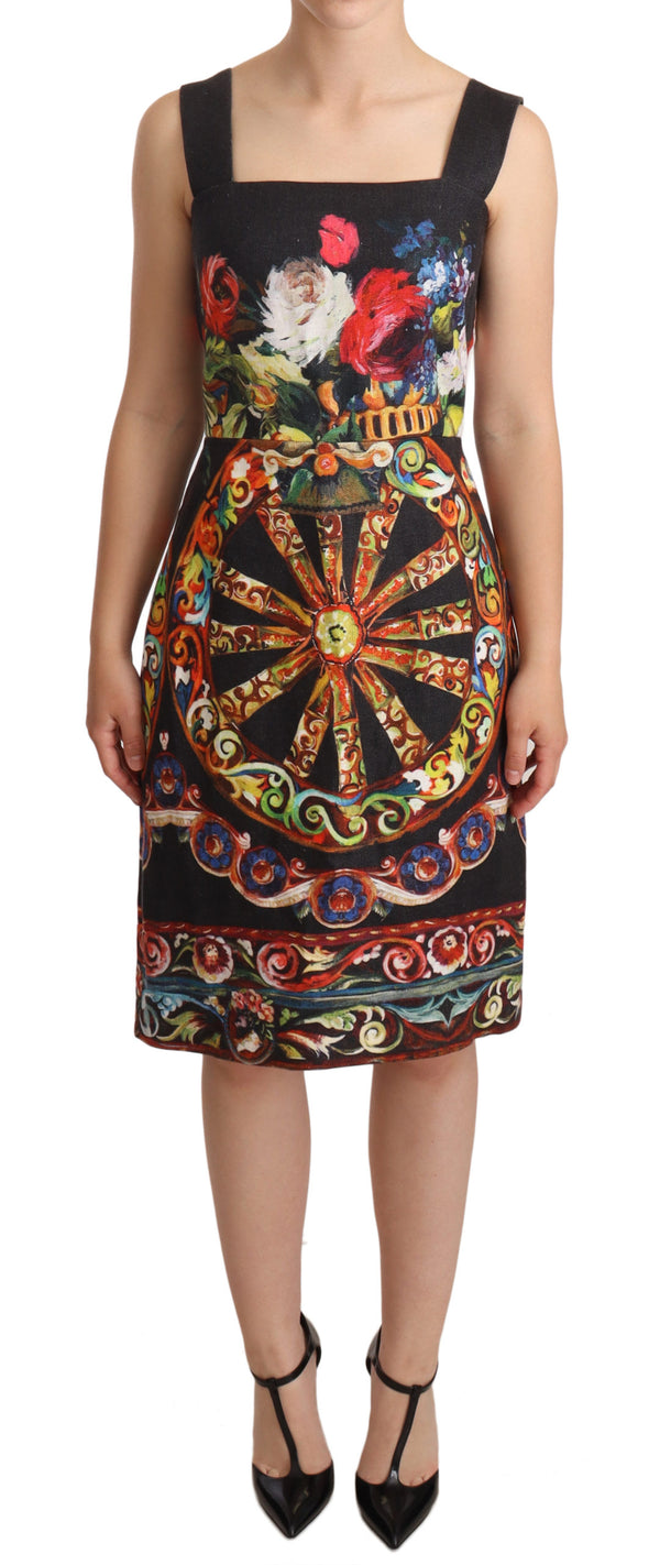 Black Floral Print Sheath Square Neck Dress