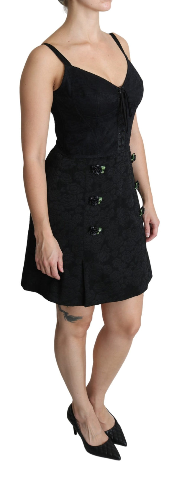 Black Rose Appliqué Sheath Mini Jaquard Dress