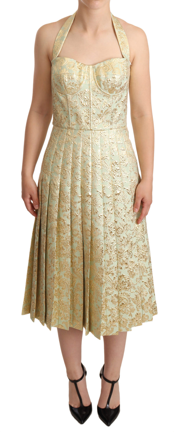 Gold Green Floral Jacquard Halter Midi Dress