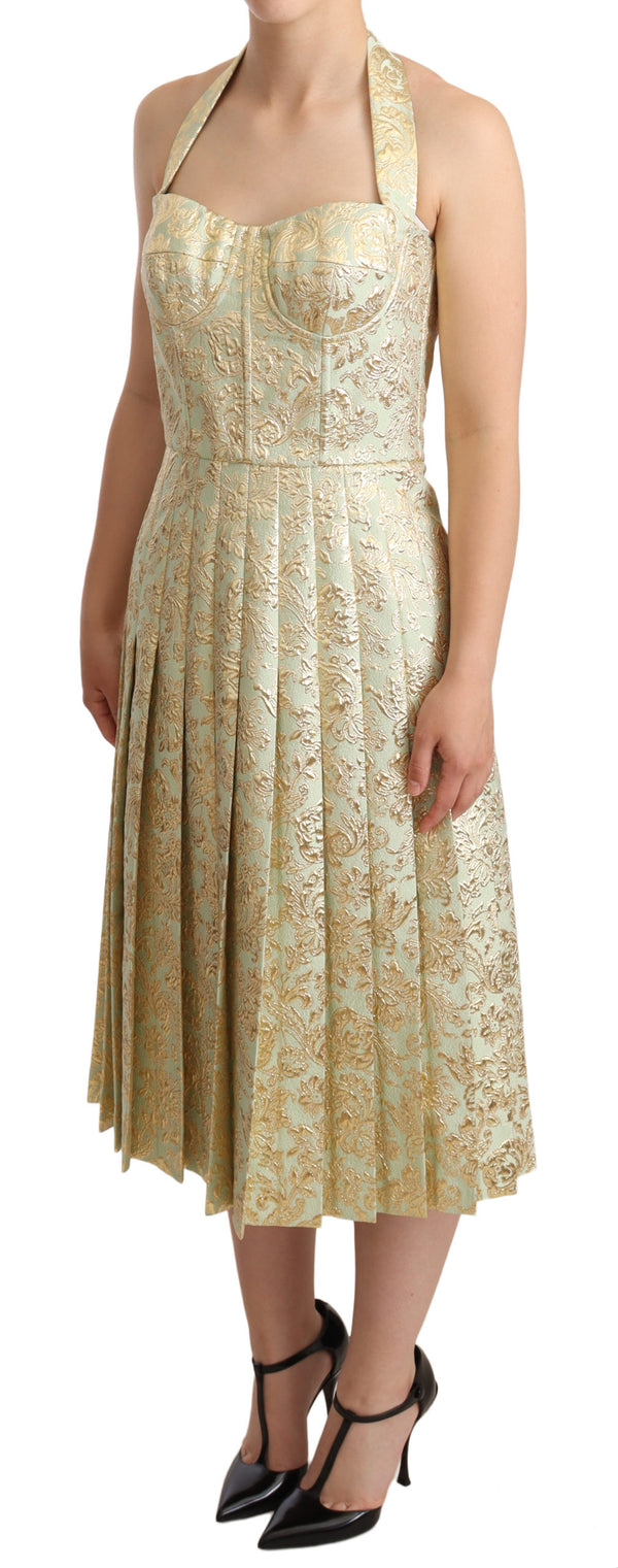Gold Green Floral Jacquard Halter Midi Dress
