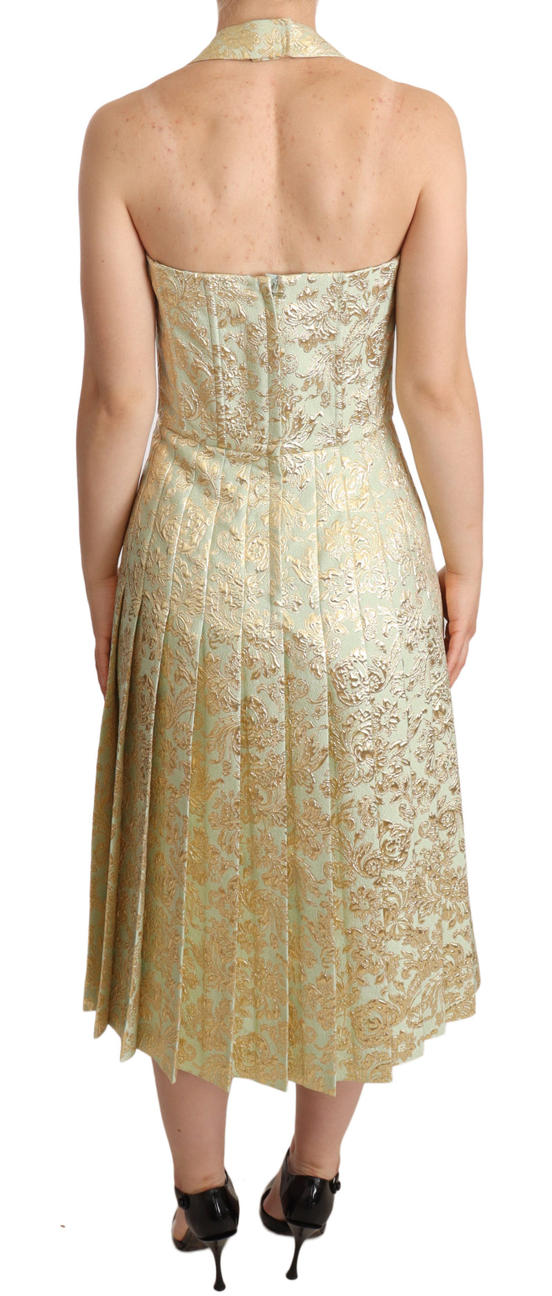 Gold Green Floral Jacquard Halter Midi Dress