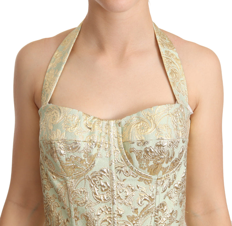 Gold Green Floral Jacquard Halter Midi Dress