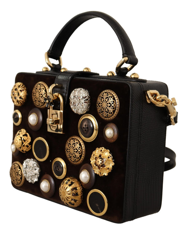 Brown Velvet Black Iguana Leather Buttons BOX Bag