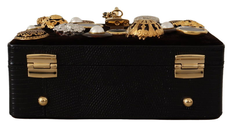 Brown Velvet Black Iguana Leather Buttons BOX Bag