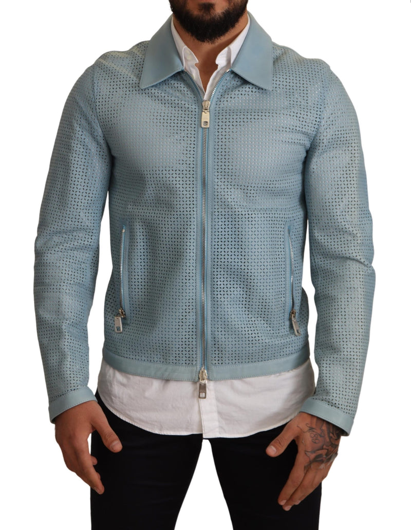 Blue Leather Full Zip Perforated Jacket