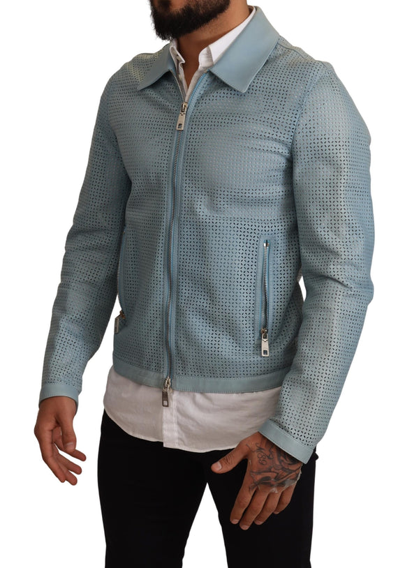 Blue Leather Full Zip Perforated Jacket
